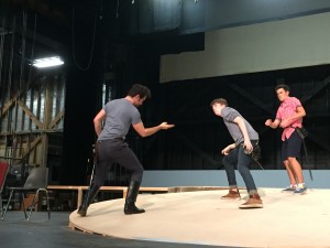 Actors Noah Yaconelli, Gus Thomas, and Matthew Schetina practice a fight routine