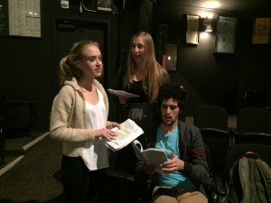 Roxanne Stathos, Emily Huntingford, and Drew Schoenborn practice their lines