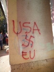 Graffiti in northern Mitrovica,which is inhabited by Serbian Kosovars. Many conservative Serbs (in Kosovo as well as Serbia) still consider Kosovo part of Serbia and condemn international intervention for "taking" Kosovo away.
