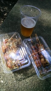 OBSERVE MY BOUNTY Fried octopus balls, teriyaki chicken, and a beer. 