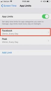 Change app limit settings for Facebook