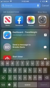 Search screen with Siri suggestions, including Facebook