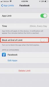A new app limit setting appears for Facebook: "Block at End of Limit"