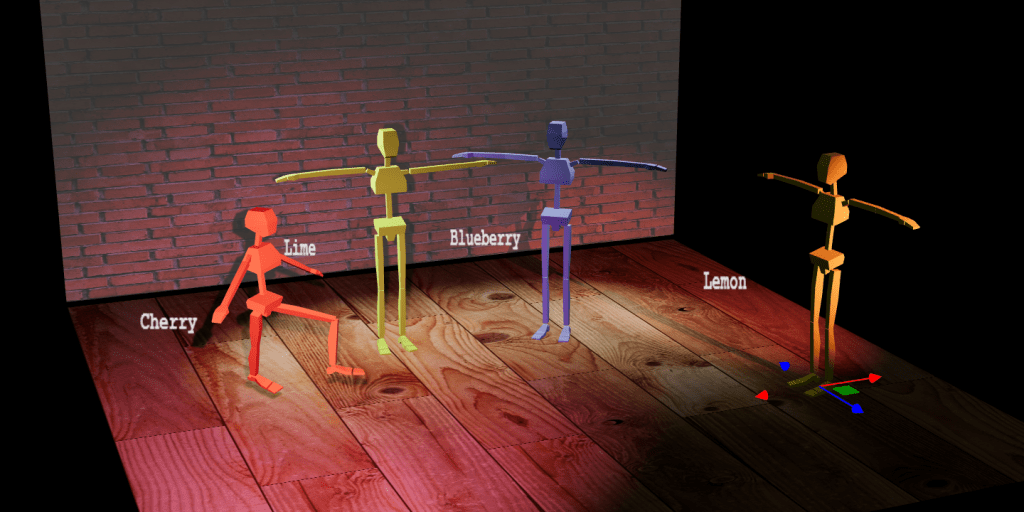 Virtual 3D stage scene with four posed figures on a stage with projected wall and floor images and stage lighting.